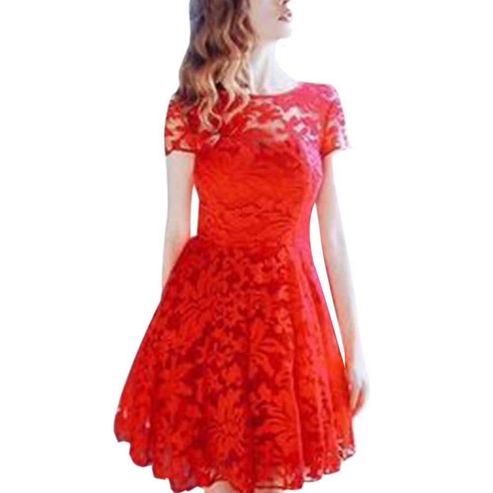 Women Floral Lace Dress Short Sleeve O-Neck Casual Mini Dresses S M L XL