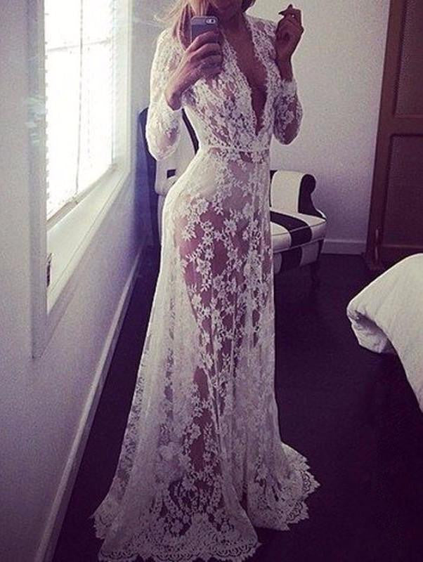 Summer European Style Womens Lace Embroidery Maxi Solid White Dress Long Sleeve Deep V Neck Vestidos Plus Size S-XL