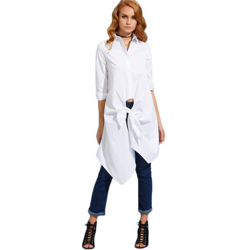 Sheinside White Knotted Front Long Shirt Women Plain Clothing Lapel Long Sleeve Buttons Design Blouse