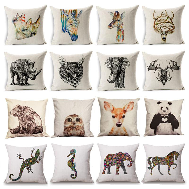 Wild Animal Decorative Cushion Cover 45x45CM (18x18IN) Elephant Owl Elk Square Throw Pillow Cover Cotton Linen Pillow Case