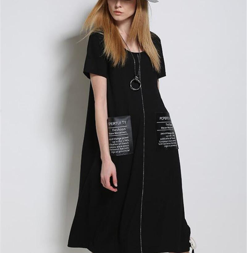 Summer dress Vintage Elegant European women's black loose round neck short sleeve dressTunic Wear To Work Party Dress Plus size