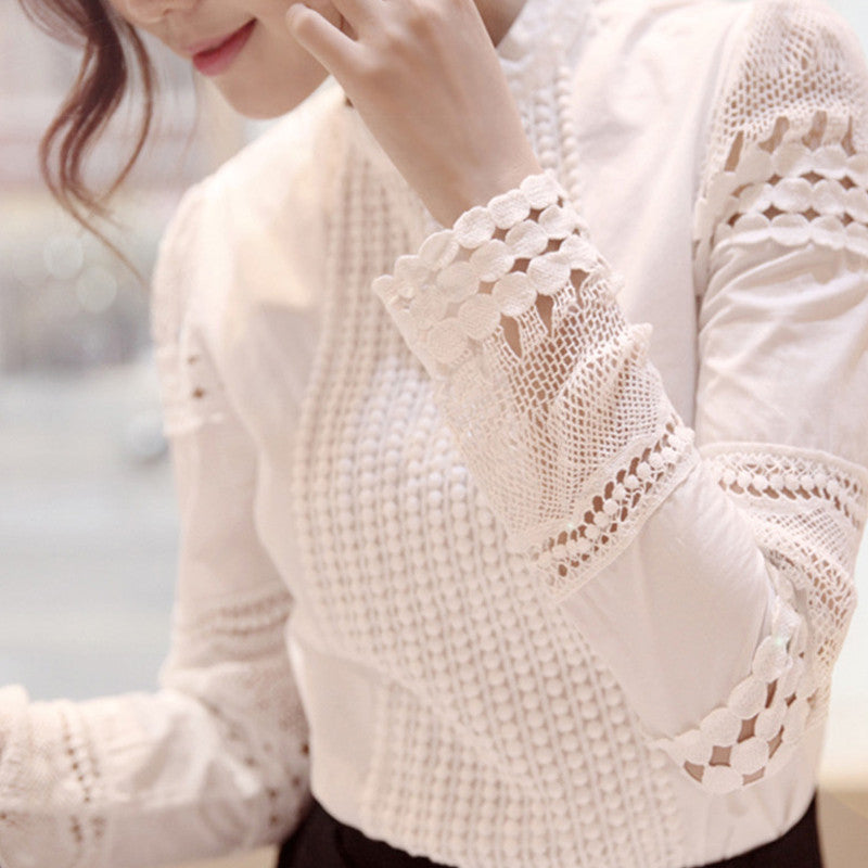 Women And Slim Shirt Lace Hollow Sleeve Shirts Long Sleeve OL Blouses Fashion White Tops Women Clothing