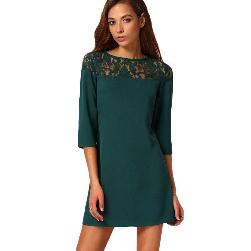 Online discount shop Australia - Female Shift Dresses Women Vestiti Donna Casual Dark Green Three Quarter Length Sleeve Mini Dress