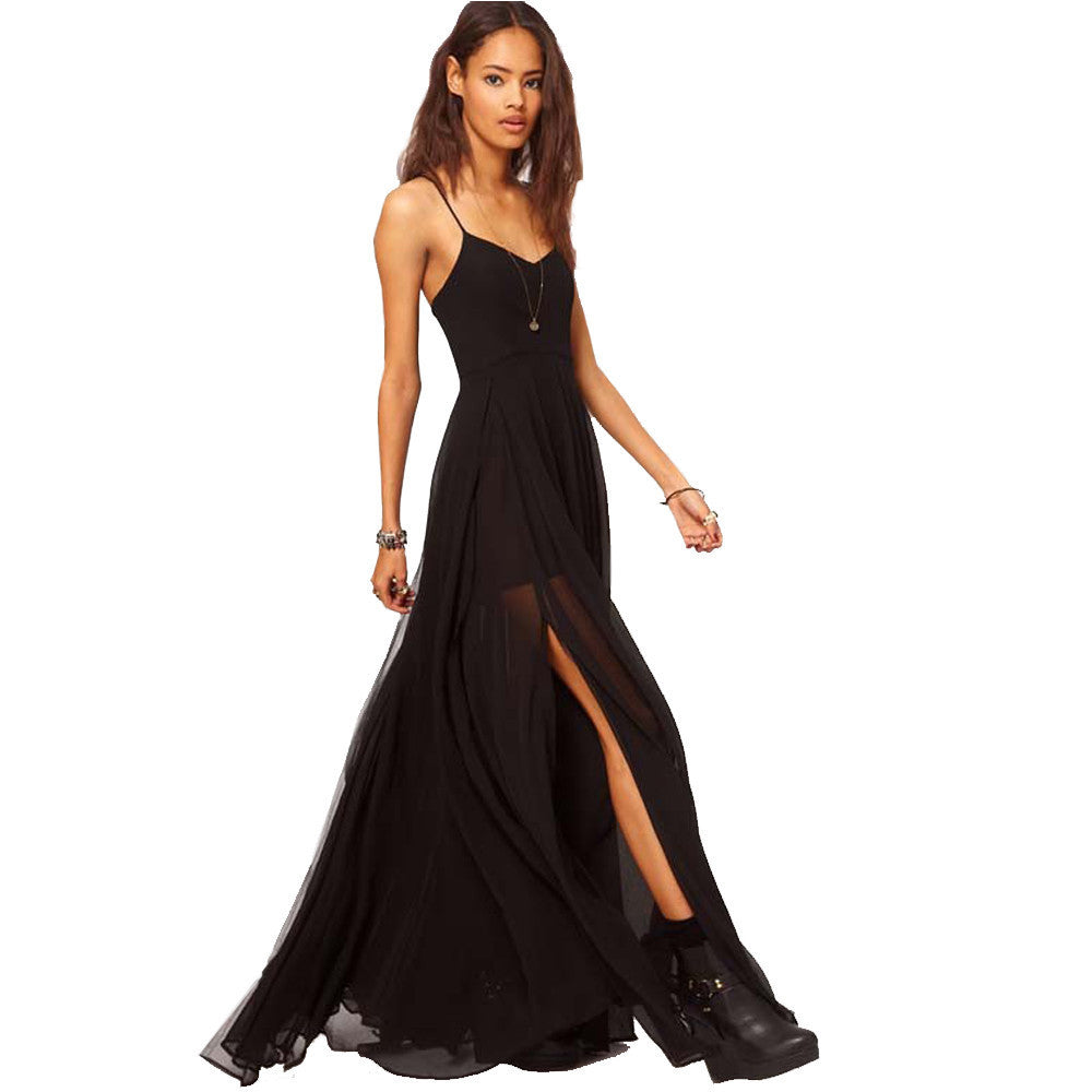 Women Dress V-neck Double Layer Floor Black Casual Full Evening Party Chiffon Maxi Long dress