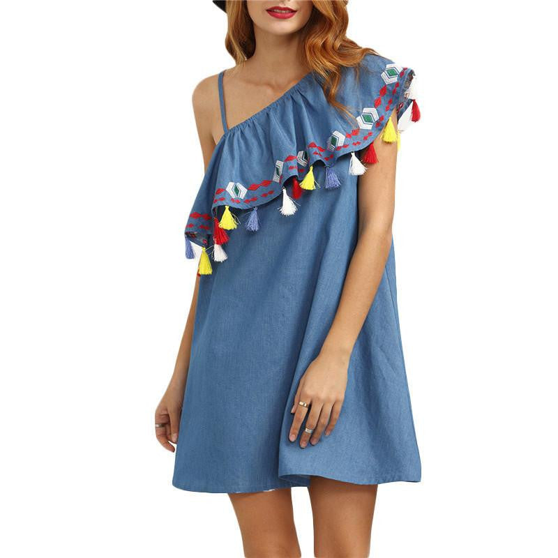 Woman One Shoulder Ruffle Tassel Embroidered Dresses Cute Women Blue Shift Mini Dress