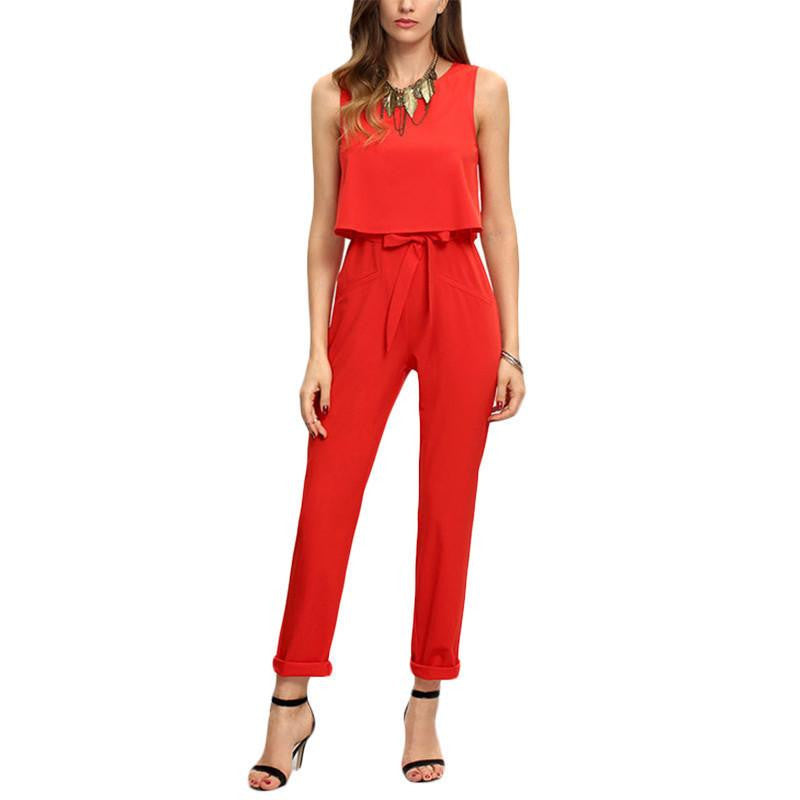 Women Red Sleeveless Bow Tie Waist Jumpsuit Arrival Crew Neck Ladies Work Jumpsuits