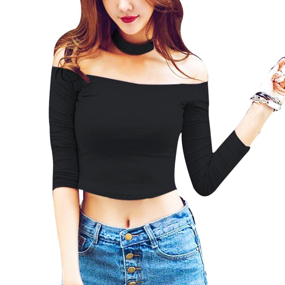 Women Tshirt Tops and Tees Black/White/Pink Crop Top Slash Neck Off Shoulder Shirt Halter Neck