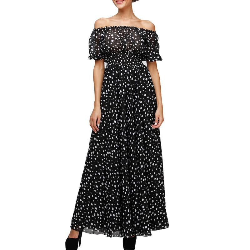 Summer Style Black Polka Dot Maxi Long Dresses Clothing Women Casual Dress for a Floor Print Chiffon Tunic 2167#
