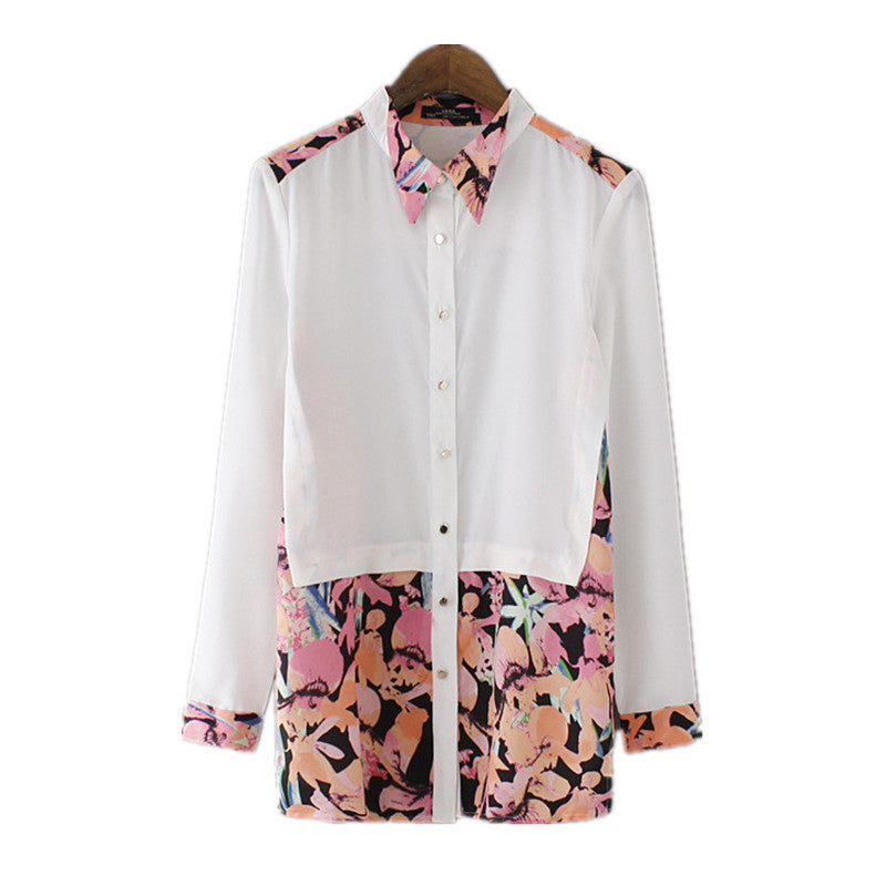 Floral Print Blouse Trendy Spliced Design Chiffon Shirt OL Long Sleeve Elegant Tops