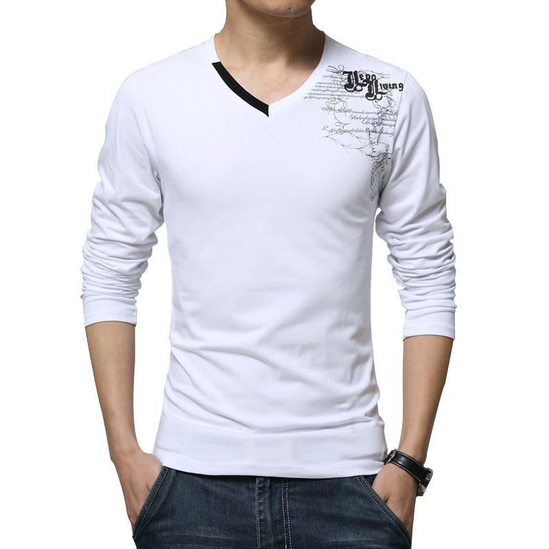 T Shirt Men Long Sleeve Fashion Print Men's Brand Clothing Casual Slim V-neck Cotton T shirt Homme Tees M-5XL