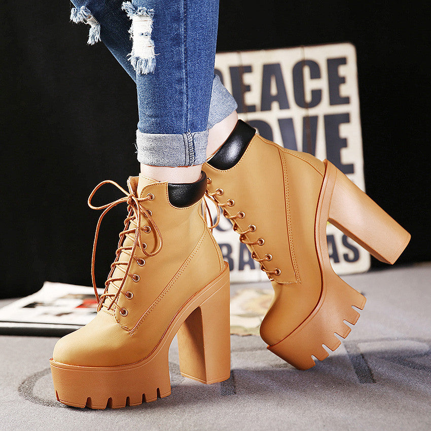 Platform Ankle Boots Women Lace Up Thick Heel Martin Boots Ladies Worker Boots Black Size 35-39