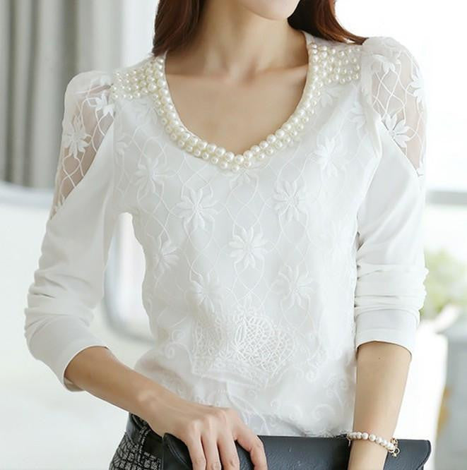 women Bright Bead V-neck lace Floral blouse shirts woman long sleeve top blouses Ladies tops