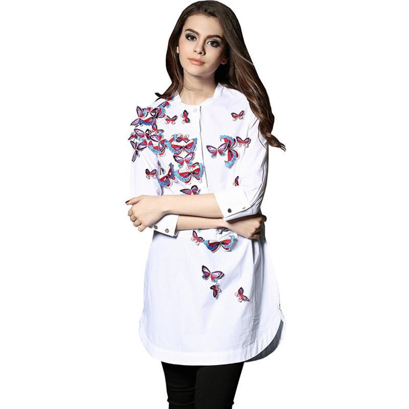 Women Embroidery Stereo Butterfly Blouse Unique Design Long Blouse Asymmetric Length 3/4 Sleeve Long Shirt For 4 Season