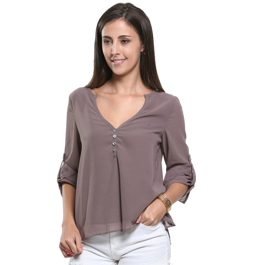 Online discount shop Australia - Grey Long Sleeve Chiffon Blouse Shirt Fall Deep V Neck Buttoned Back High Low Asymmetric Loose Casual  Women Top 4 Colors