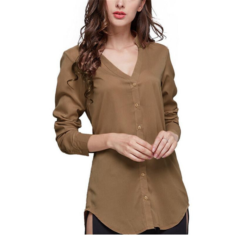 Women Back Split Long Sleeve Chiffon Blouses Shirt V-Neck Button Decoration Tops S --4XL