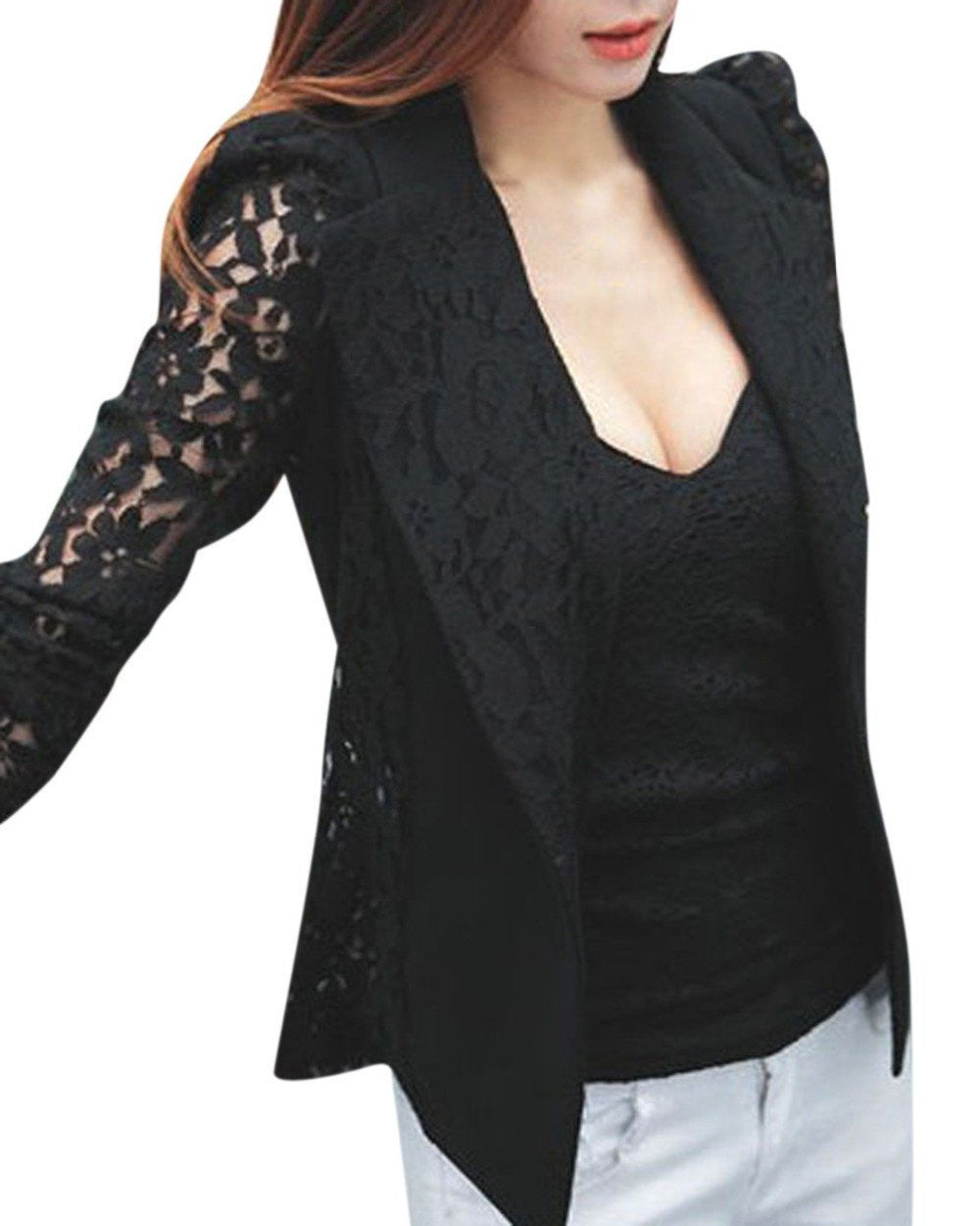 Online discount shop Australia - Fashion New Women Sheer Lace Floral Patchwork Slim OL Formal Blazer Suits Coat Jacket Tops Black White