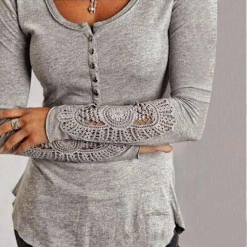 Women Embroidery Crochet Lace Sleeve Hollow Blouses Casual Solid O Neck Blouse Shirt Plus Size Tops