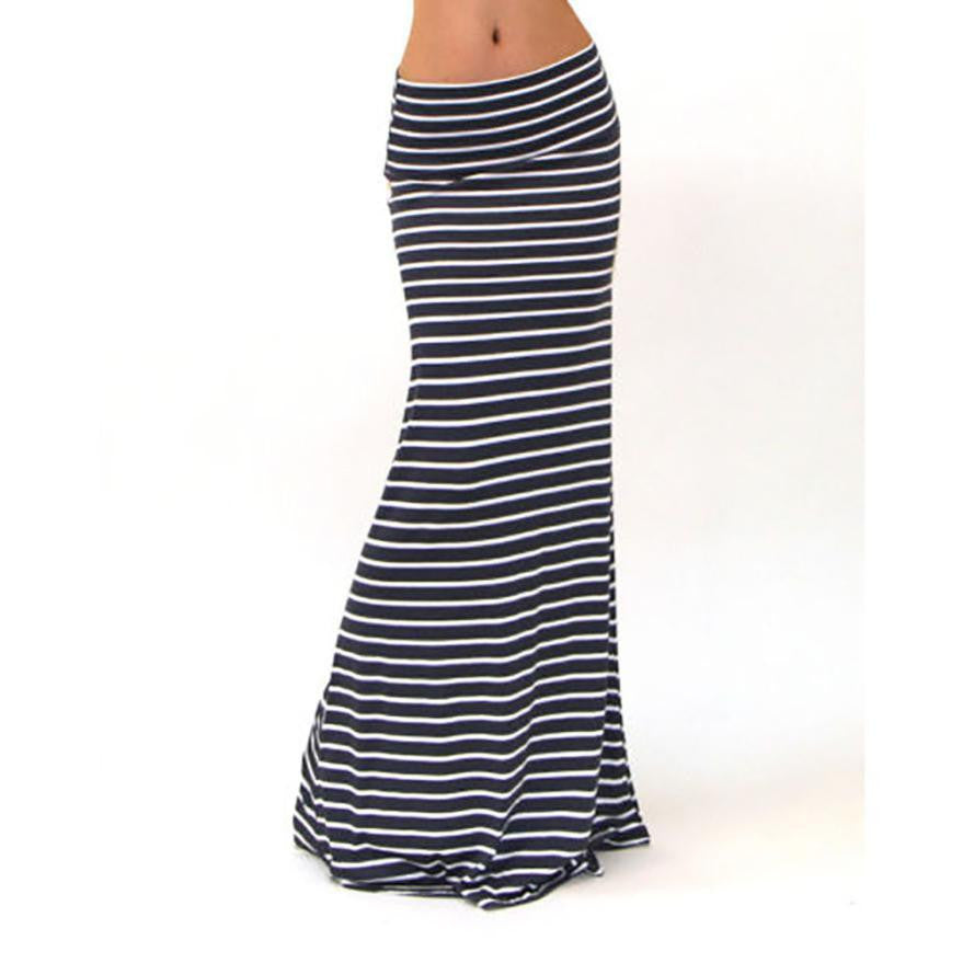 Women Asymmetric High Waist Striped Fold Over Stretch Long Maxi Skirt tops
