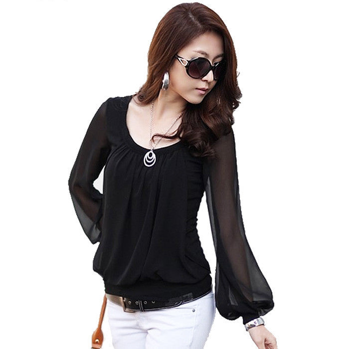 Online discount shop Australia - Long Sleeve Chiffon Blouse New Fashion Women Black O-Neck Loose Blouses Shirts Casual Women's Clothing Top