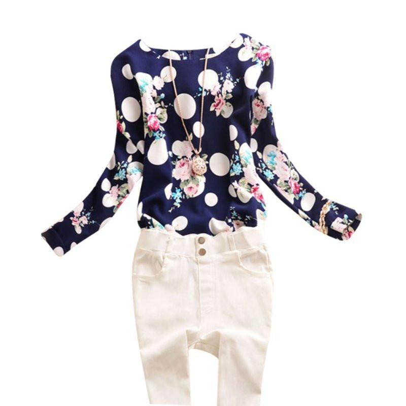 Vintage Women Chiffon Long Sleeve Polka Dot Floral Print Blouse Shirt Plus Size Casual Tops