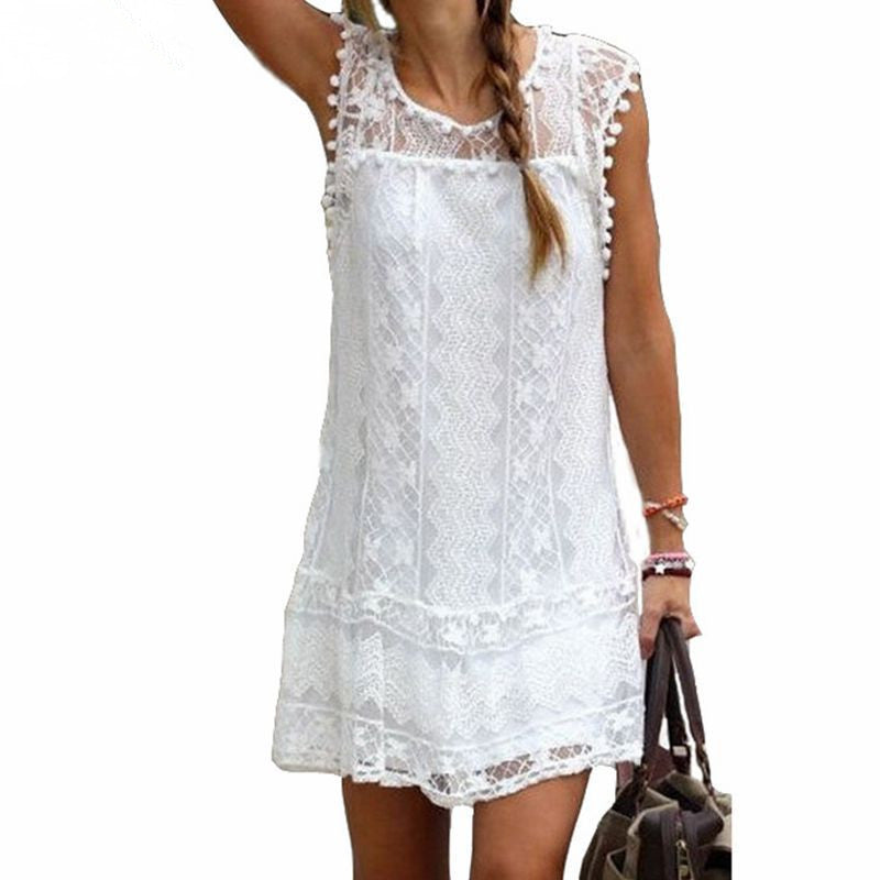 Online discount shop Australia - Fashion Summer Dress Casual Solid Sleeveless O-Neck Plus Size Loose Beach Lace Party Women Dresses New Sexy Mini Vestidos