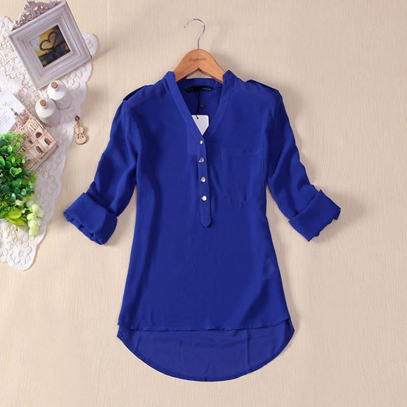 Online discount shop Australia - Loose Solid Color Long Sleeve Chiffon Women Blouse Chiffon Blouse Metal Buckle V-neck Shirt