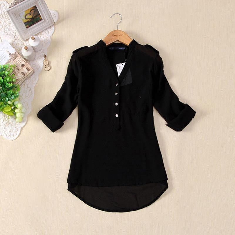 Online discount shop Australia - Loose Solid Color Long Sleeve Chiffon Women Blouse Chiffon Blouse Metal Buckle V-neck Shirt