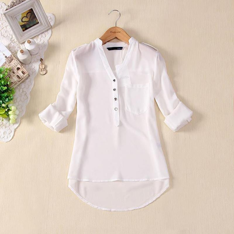 Online discount shop Australia - Loose Solid Color Long Sleeve Chiffon Women Blouse Chiffon Blouse Metal Buckle V-neck Shirt