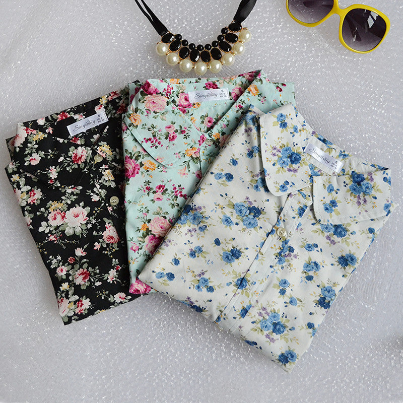 Online discount shop Australia - Fashion women work wear vintage floral print cotton blouse long sleeve elegant Shirts casual slim tops S-XL
