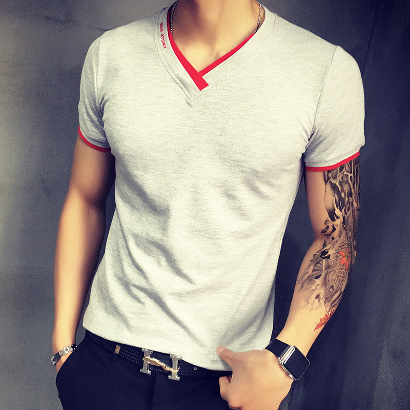 men's short-sleeved V-neck Solid color T-shirt men short Large size t shirt homme M-3XL