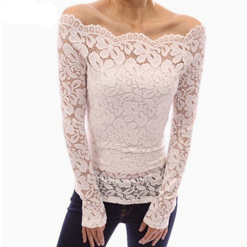 Online discount shop Australia - 4 Colors Sexy Women Off Shoulder Slash Neck Lace Crochet Shirts Long Sleeve Slim Casual Tops Blouse