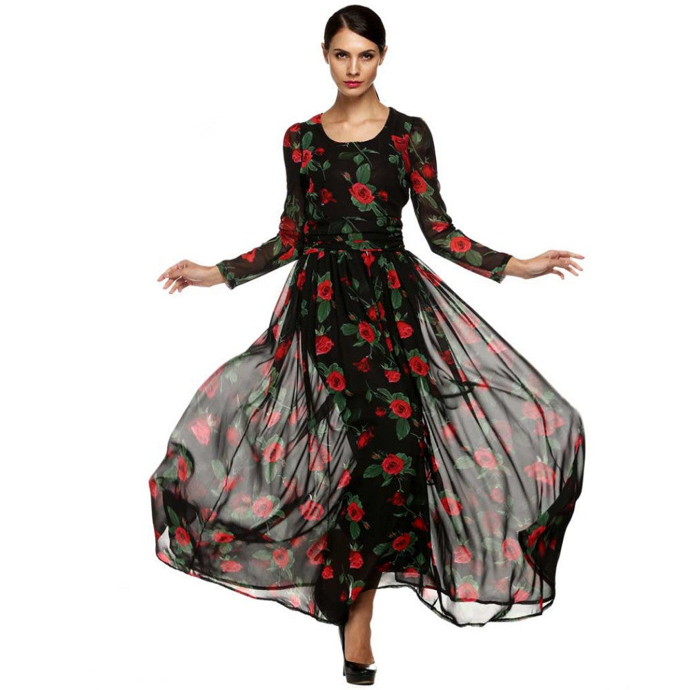 Online discount shop Australia - Dress Fashion Women Ladies Tunic Maxi Long Chiffon Dress Long Sleeve Floral Rose Dress Plus Size