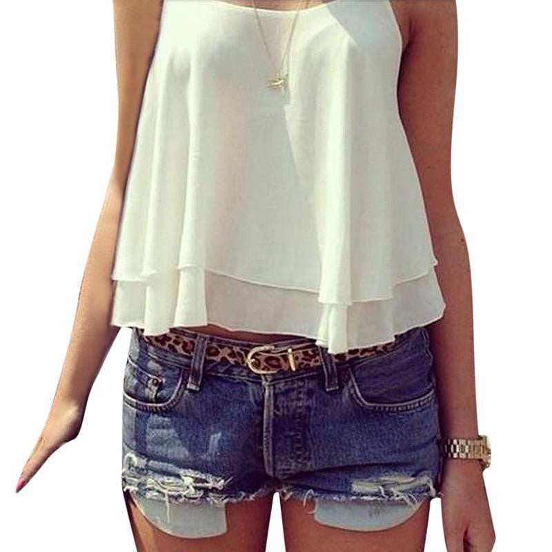 Style Fashion Women Tank Tops Casual Chiffon Double Layer Sleeveless Loose Solid Crop Top Plus Size S-4XL