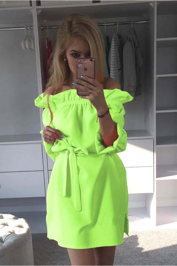Women Neon Green Dress Cute Ruffles Slash Neck Bow Belt Pin Up Dress Puff Sleeve Kawaii Short Dress Women Summer Dress