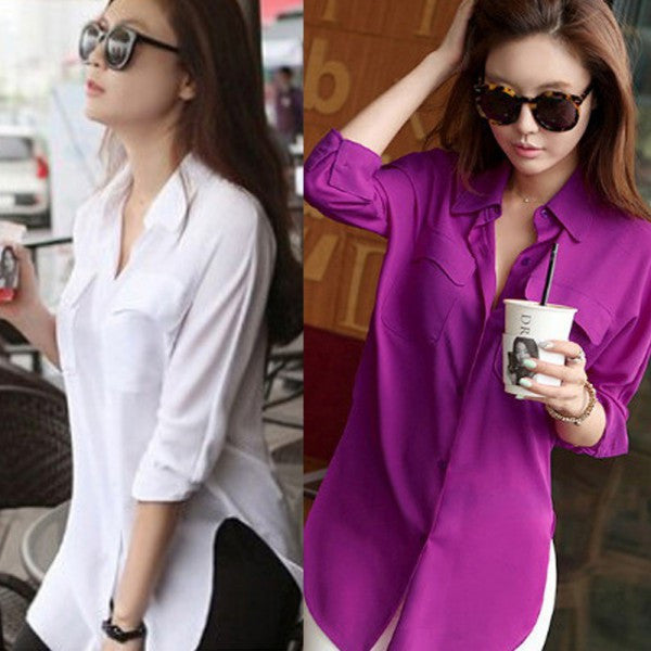 Online discount shop Australia - Dashion Womens Long Sleeve Chiffon Shirt Turn-down Collar Casual Loose Tops Blouse