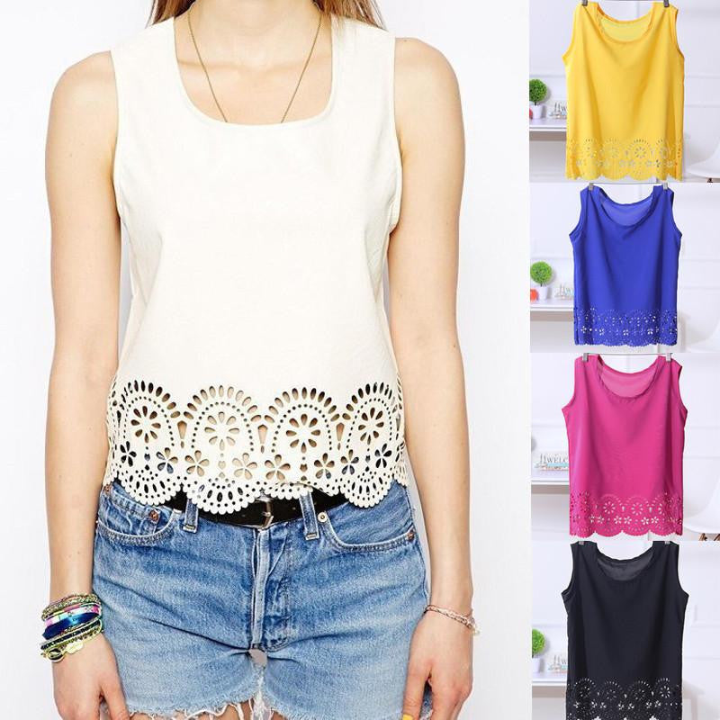 Women Girl Fashion Charming 5 Colors Chiffon Sleeveless Hollow Out Blouses Shirt