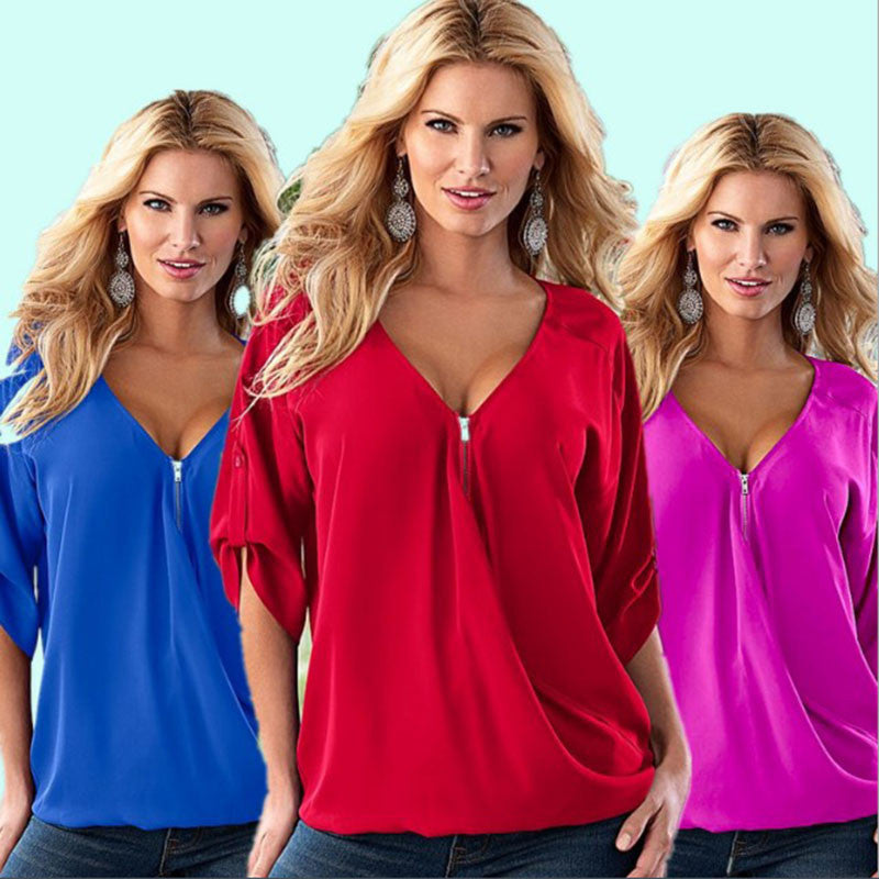 Online discount shop Australia - 1PC Deep V-Neck Women Blouses Chiffon Blouse Sexy Women Tops Plus Size 13 Colors 8 sizes ZZ3497