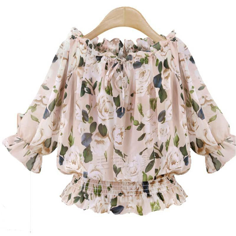 Women Fashion Explosion Printing Elastic Waist Word Shoulder Chiffon Women Shirt Top s Lady Casual WCX1163