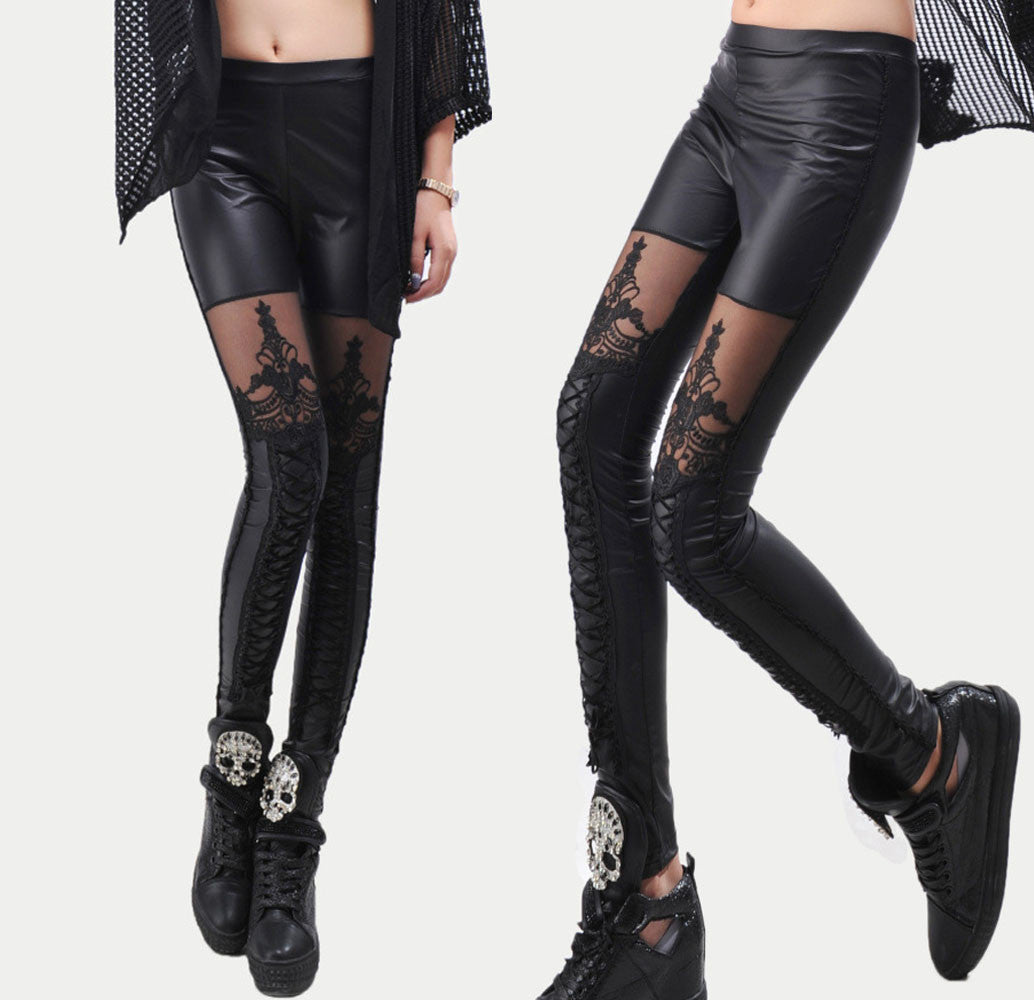 Online discount shop Australia - Fashion Women Lace-up Faux Hollow PU Leather Lace Leggings Pants Black HB88