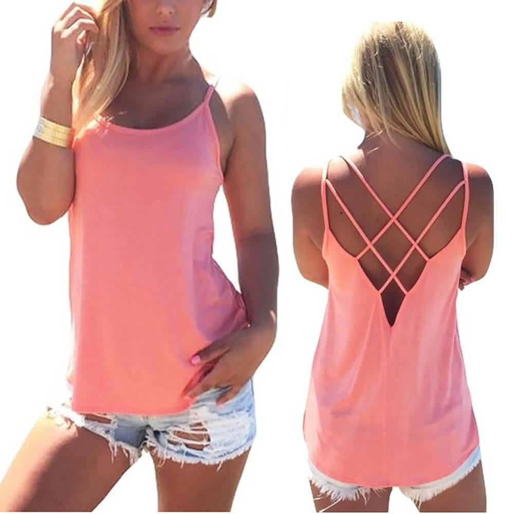 women sexy sleeveless top spaghetti strap blouse top vest casual cross back bandage fashion chiffon loose top tank