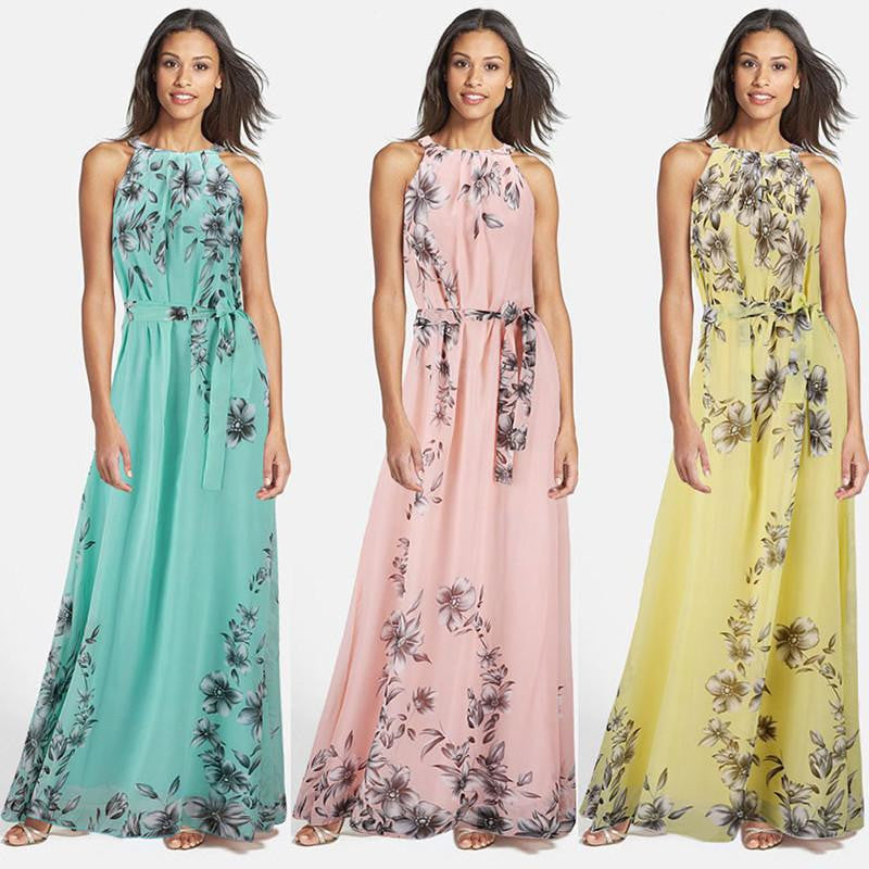 Summer Style Women Long Dress O Neck Floral Print Chiffon Maxi Dress Elegant Casual Boho Party Dresses Vestidos With Belt