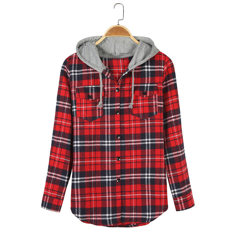 Plaid Hooded Casual Blouse Women Shirts Tops Full Sleeve Pockets Slim Cotton 2XL