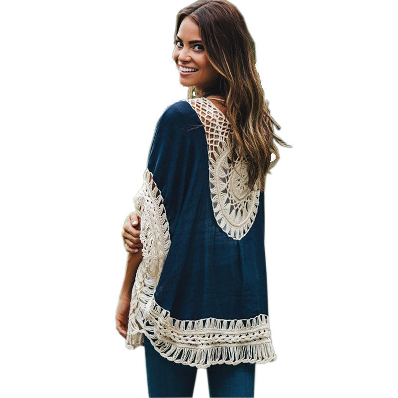 Online discount shop Australia - Big size bohemian handmade crochet lace women blouses shirts beach cover up patchwork loose batwing sleeve pareos ladies blouse