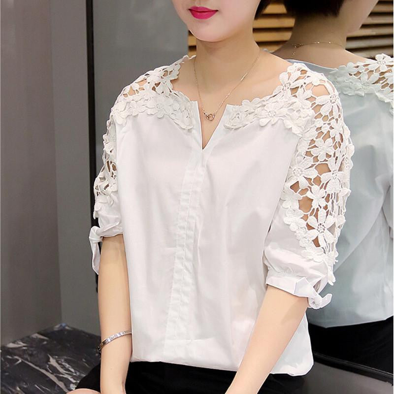 Women Lace Fashion Woman Lace Shirt Hollow Out Casual Short Sleeve Women Shirts Tops Plus Size Clothing 5XL