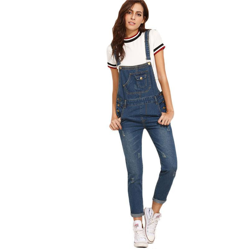 Women Rompers Jumpsuits for Ladies Casual Sleeveless Dark Blue Straps Scratch Denim Overall Jumpsuit