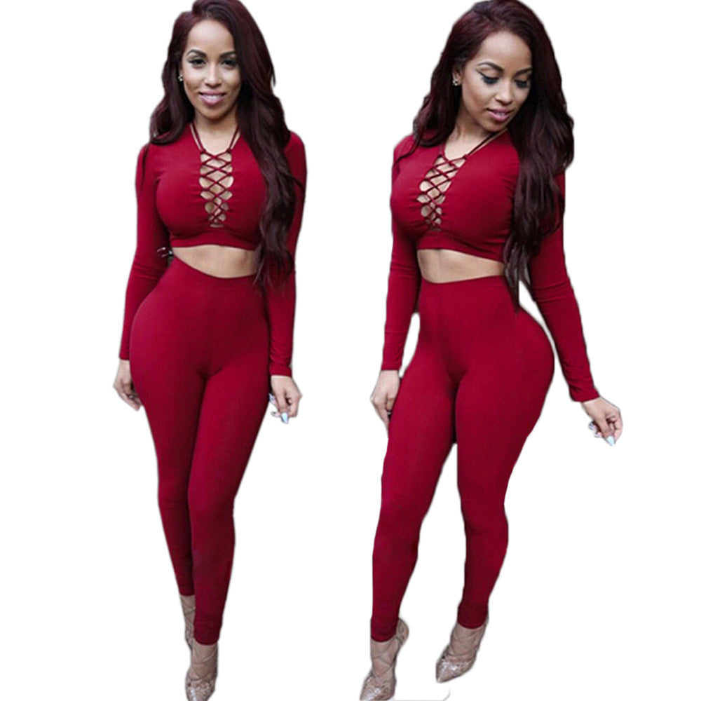 Online discount shop Australia - Elegant Two Piece Rompers Womens Jumpsuit Sexy V Neck Tie Up Long Sleeve Bodysuit Night Club Wear Bodycon Jumpsuits Overalls