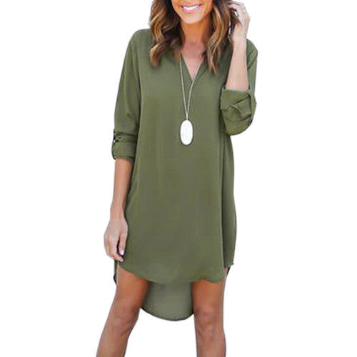 Online discount shop Australia - 3XL Women's Plunging Neck Chiffon Dress Long Sleeve Casual Tunic Shirt Dress Irregular Front Short Vestidos LX015