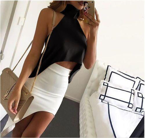 High Neck Halter Off Shoulder Cropped Tops Women Tops & Tees Casual Chiffon Tank Top Irregular Fashion