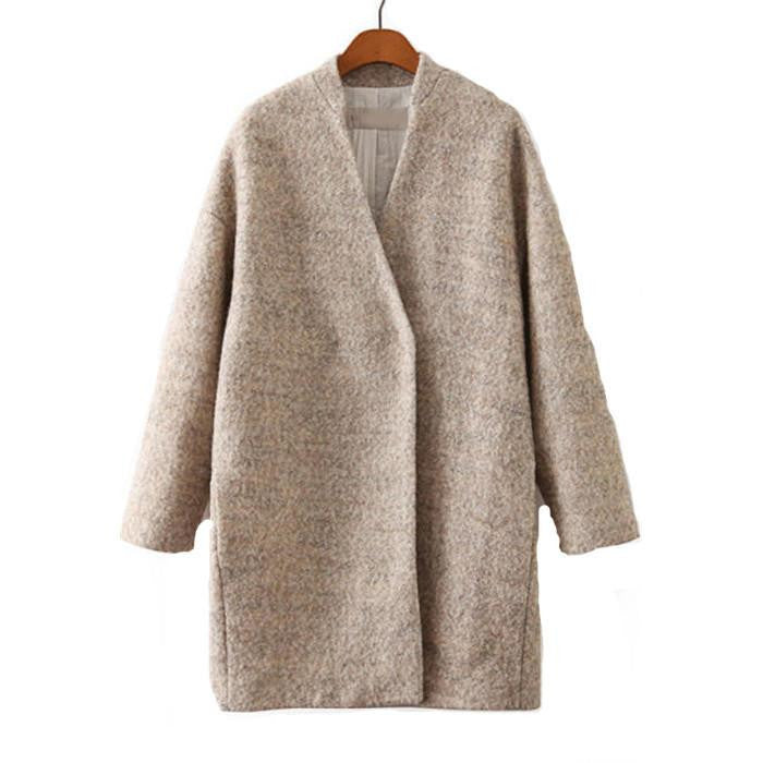 Women's Outerwear Fashion Apricot Long Sleeve Loose Woolen Grey Coat