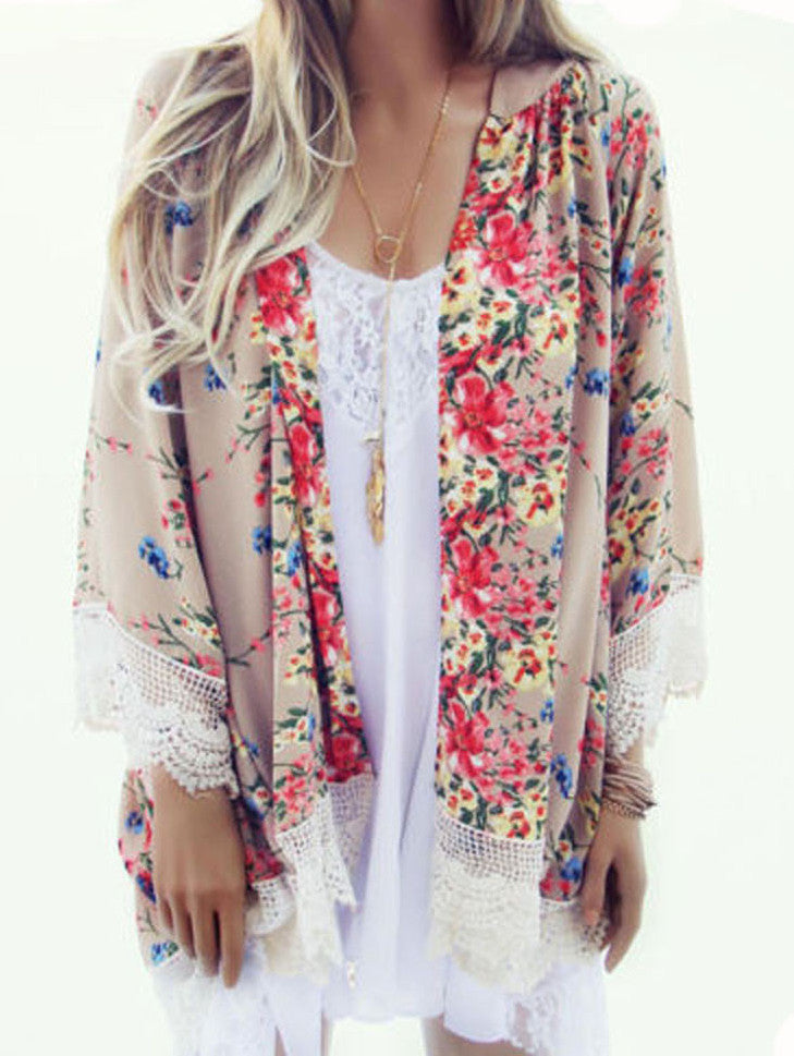 Online discount shop Australia - Chiffon Blouse Women Printed Cardigan Fringed Hem Lace Shawl Oversized Tops Outwear